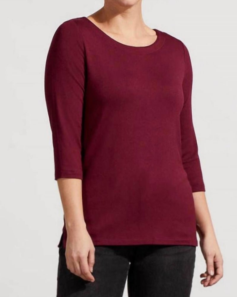 Front of a model wearing a size XXL Soft French Terry Boat Neck Top in Red Wine in Red Wine by TRIBAL. | dia_product_style_image_id:340375